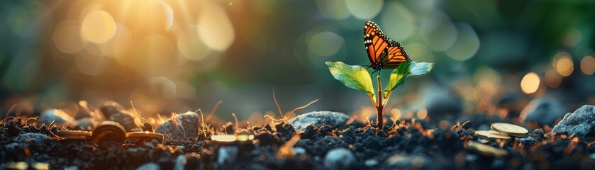 A new seedling growing with a butterfly perched on it and gold coins nearby, representing economic success, highresolution, clear and colorful, sharp and professional image.