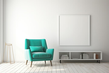A sunlit room with a turquoise accent chair against a soft grey rug, flanked by sleek white shelves holding modern decor, a blank white frame mockup on the wall.