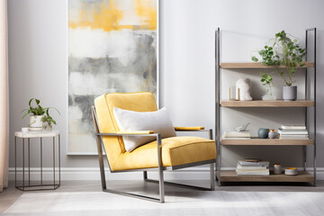 A sunny citrine accent chair paired with a stone grey rug, flanked by pristine white shelves adorned with contemporary artifacts, a blank white frame mockup on the wall.