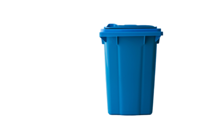 A blue trash can stands on a clean white background, ready for use