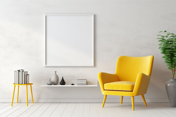 A sunny yellow accent chair on a soft grey rug, framed by contemporary white shelves holding minimalist decor, an empty white frame mockup decorating the wall.