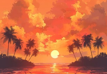 A seamless pattern of a sunset with late afternoon light filtering through thick clouds and tall coconut trees at the beach. The sun on the horizon casts orange and red tones, and the clouds are orang