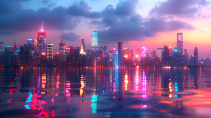 Glossy Financial District Skyline at Dusk reflecting Economic Power Ideal for Business and Finance Themes   Photo Realistic Image