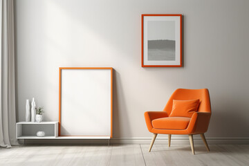 A tangerine accent chair on a dove grey rug, encircled by contemporary white shelves displaying artistic objects, an empty white frame mockup fixed on the wall.