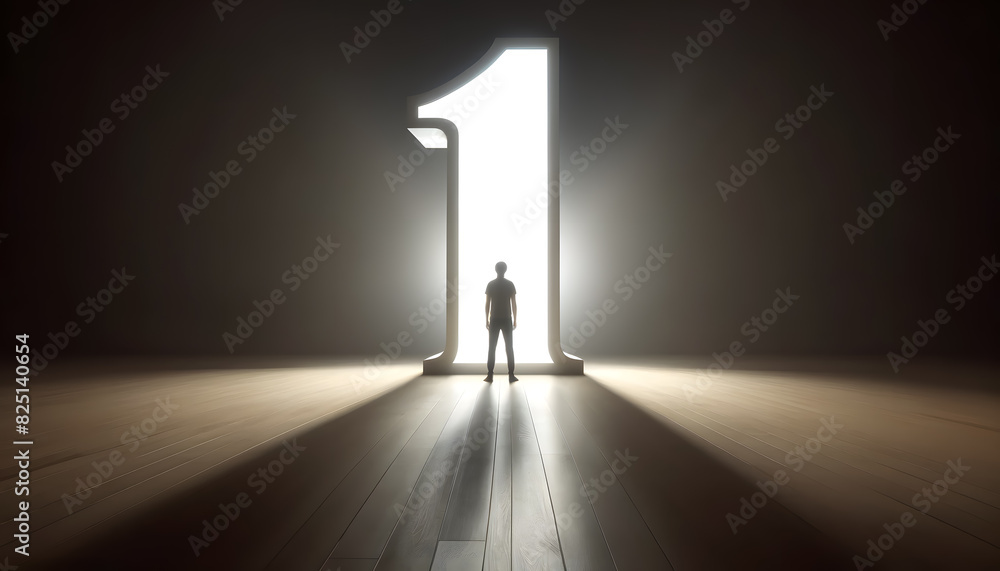 Poster a person standing in front of a large, illuminated number one. the scene is set in a spacious, dimly