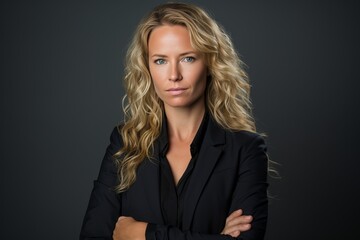 Confident young female executive posing in trendy style on gray backdrop, looking at camera