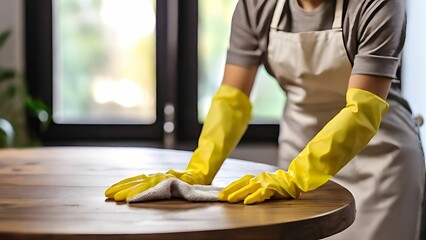 Woman wearing yellow gloves and cleaning the table