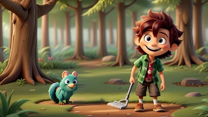 3D illustration of a boy with his pet in the forest