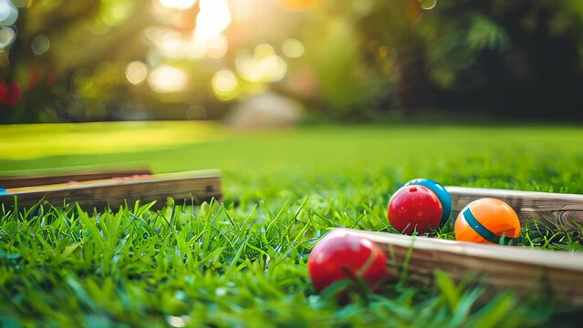 Colorful balls on grass with croquet mallet, sunny day