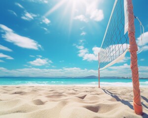 Sunny beach volleyball court with a bright blue sky, clear ocean water, and soft beige sand. Perfect day for a game by the sea.
