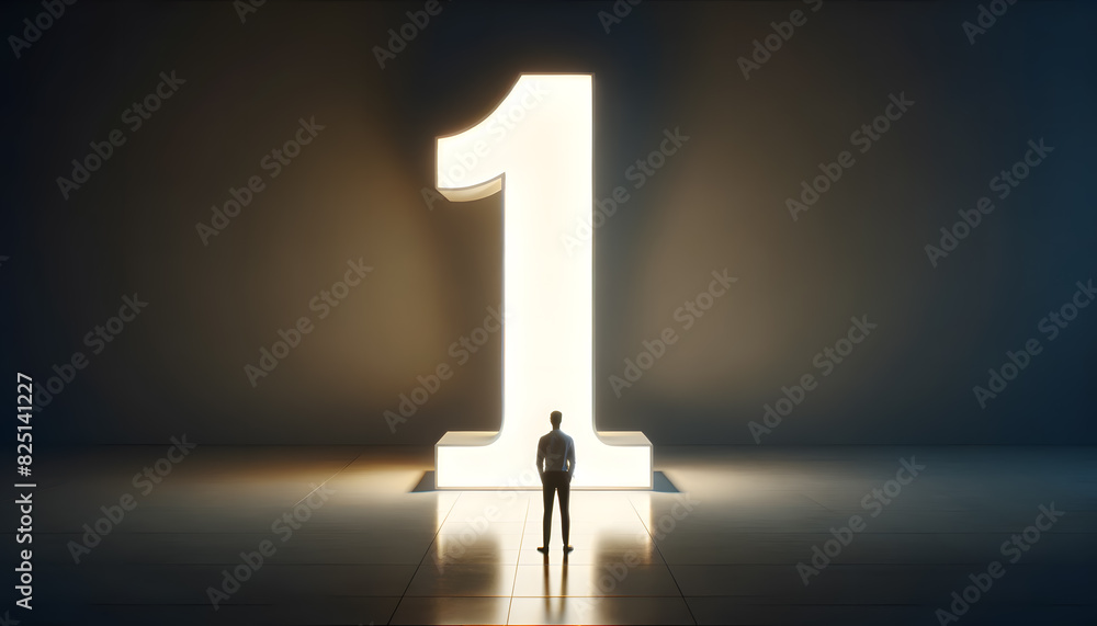 Poster a person standing in front of a large, illuminated number one. the scene is set in a spacious, dimly