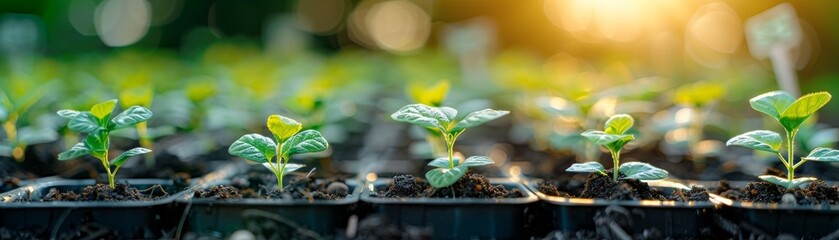 Fresh seedlings growing in a plant nursery with dollar signs nearby, representing financial success, clear and vibrant, highquality, professional stock photo.