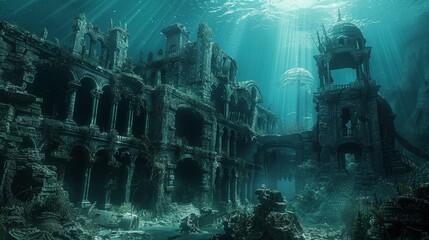 Exploring Mysterious Underwater Ruins in Marine-Themed Wallpaper.