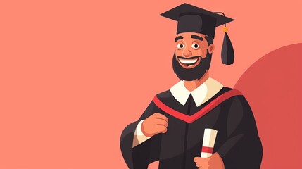 A proud graduate character in a 2D flat style illustration, holding a diploma and smiling broadly, set against a plain background to focus on the sense of achievement.