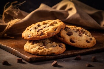 Tasty chocolate chip cookies on a slate plate against a jute fabric background