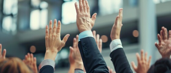 A group of people are raising their hands in a meeting or classroom.