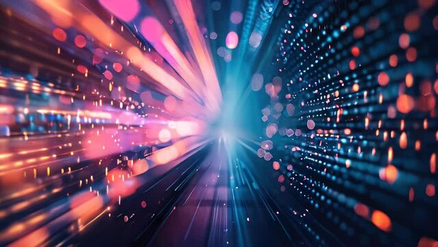 Futuristic abstract tunnel with bright lights and digital patterns