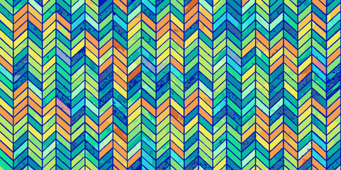 The vivid, repeating pattern of wedge-shaped stripes in shades of blue, orange and yellow creates a visually dynamic effect.The seamless arrangement of the zigzag lines suggests a textile-like feel.AI