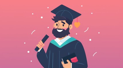 A graduate character holding a diploma and smiling, illustrated in a 2D flat style with a minimalist background to highlight the joy and pride of academic accomplishment.
