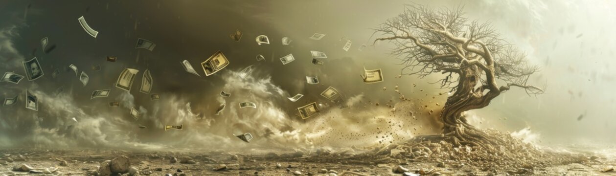 A withered tree amidst a sandstorm with old banknotes around, symbolizing financial turmoil, highresolution, dramatic and detailed, professional stock photo quality.