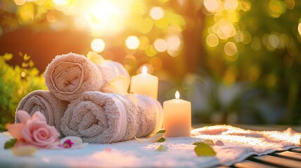 Roll up of towels with candles and flowers for massage spa treatment ,aroma ,healthy wellness relax calm