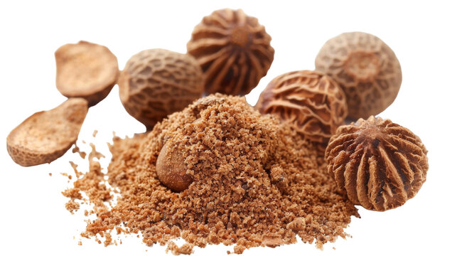 A pile of finely ground nutmeal powder sits next to whole nuts on a surface