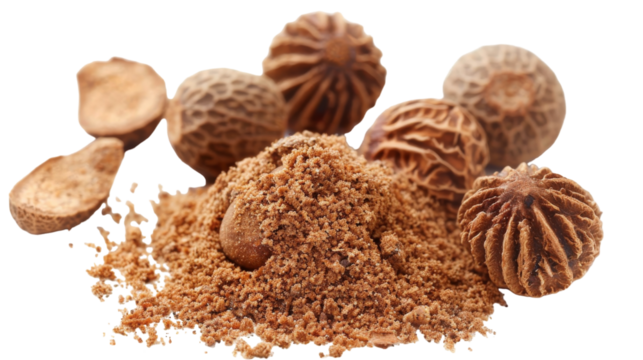 A pile of finely ground nutmeal powder sits next to whole nuts on a surface