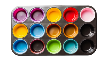 Tray holding an assortment of colorful paints in different shades and hues for artistic projects