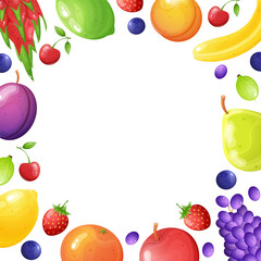 fruits and berries cartoon frame. Summer poster, banner card, concept
