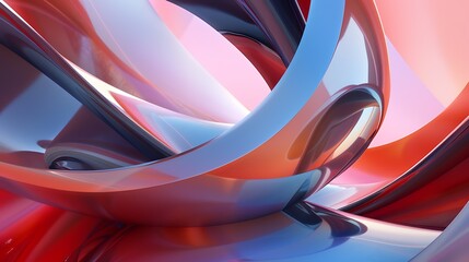 3D rendering of intertwined metallic shapes. Abstract background with smooth and reflective surfaces.