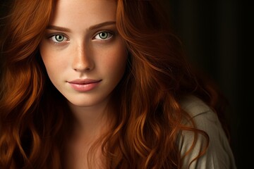 Naklejka premium Glamorous close up of smiling brunette model with long, curly red hair and stunning makeup
