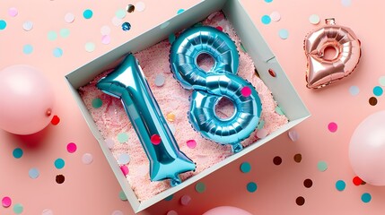 Colorful Eighteen Birthday Party with Balloons Confetti and Gift Box Flat Lay