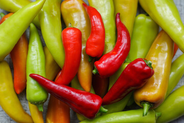 Large crop of red and green hot chili peppers.