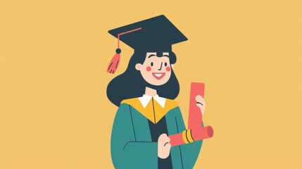 An illustration of a student character in a cap and gown, smiling and holding a diploma, depicted in a minimalist 2D flat style to capture the essence of graduation.