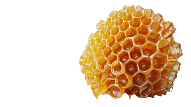Detailed view of a honeycomb on a plain white surface, showcasing intricate hexagonal cells filled with honey