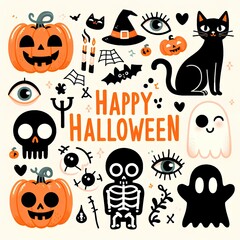 A Halloween themed poster with a skeleton, cat, and pumpkin. The poster reads "Happy Halloween" and features a variety of Halloween-themed images