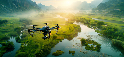 Drone capturing aerial shots of a lush, green landscape at sunrise.