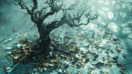 A dead tree with dark shadows and torn banknotes nearby, representing financial ruin, clear and vivid, highquality, dramatic and somber image.
