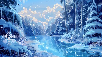 Illustrate a serene scene of snowflakes and icicles for a winter wonderland theme."