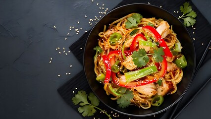 Udon stir-fry noodles with chicken meat and sesame in bowl on dark stone background