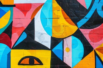 Fototapeta premium Create a colorful geometric mural on a brick wall using the following colors: blue, yellow, red, white, and black. The mural should be abstract and have a modern feel.