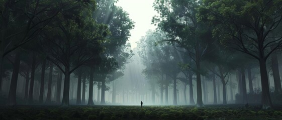 A lone figure stands in a misty forest, surrounded by tall trees and a dense canopy