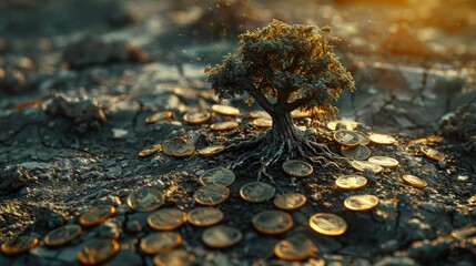 Fototapeta premium A withered tree standing on cracked, dry soil with old coins around, symbolizing economic decline, highresolution, detailed and dramatic, professional stock photo quality.