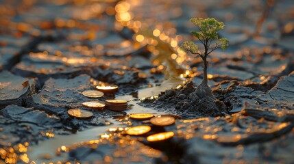 Fototapeta premium A leafless tree on parched soil with old coins nearby, financial distress theme, highquality, sharp and vivid, detailed and professional image.