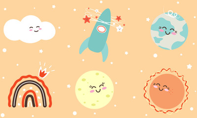 Collection of Cute Cartoon Characters, Hand drawn, Doodle, Earth, Rocket, Cloud, Moon, Sun, Rainbow, Kids Illustration, Flat, Vector Illustration