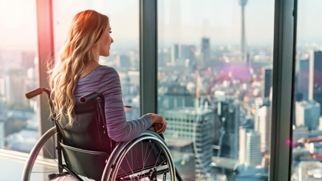 A woman in a wheelchair gazes out a window with modern city skyline.