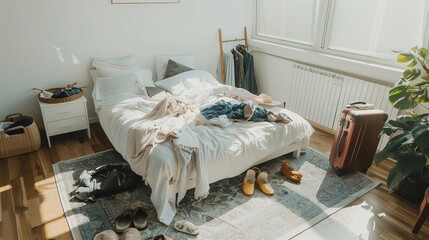 The scene depicts a modern, bright bedroom with messy clothes scattered on a white bed and floor. The empty room in the cozy apartment evokes a sense of relaxation and comfort.