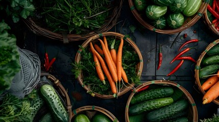 Variety of Fresh Organic Vegetables and Herbs in Wooden Bowls on Rustic Tabletop Healthy Food and Cooking Ingredients from Local Farm or Farmer s