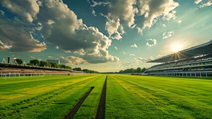 Sunset at vacant horse racing track with lush green grass