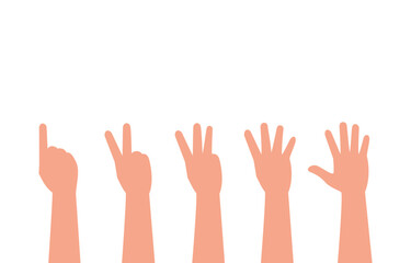 Hand gesture showing 1 to 5 fingers isolated on white background. Various gestures of hands. Vector illustration flat design style